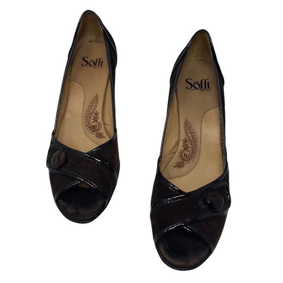 SOFT brown leather suede heels crossed peep toes shoes size 8.5 - Picture 3 of 8